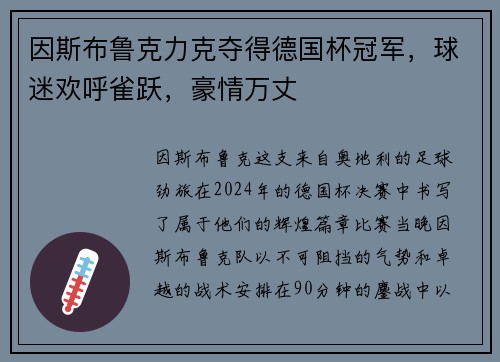 因斯布鲁克力克夺得德国杯冠军，球迷欢呼雀跃，豪情万丈